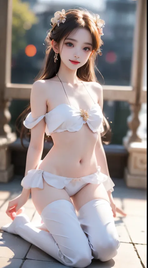 Tofu Shih Tzu，pale milky white porcelain skin, smooth clear white skin,のgirl、上半身が短いgirl、小さな太もものgirl，小さなウエストのgirl、小さなヒップのgirl、cropped shoulder，nice collarbone，ultra realistic realism、1 girl, smile, (((small breasts))), (((Bokeh))),written boundary depth, cu...