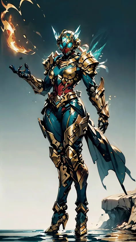 A woman adorned in fantasy-style full-body armor, a crown-concept fully enclosed helmet that unveils only her eyes, a composite layered chest plate, fully encompassing shoulder and hand guards, a lightweight waist armor, form-fitting shin guards, the overa...