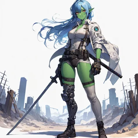 (Masterpiece, top quality), (detailed hair), ultra detailed, anime style, full body, solo, Cyberpunk orc girl, Muscular but feminine body shape, wearing a work uniform, night blue hair and yellow eyes, pale green skin, holds a sword in a scabbard, wears hi...