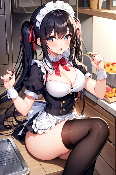 masterpiece、Highest image quality、ultra high resolution、teen  with big tits、twin tail hairstyle、black hair、red face、mock、Open your mouth just a little、Maid outfit that shows the cleavage of a teenage school girl、Maid headband for teenage schoolgirls、Knee h...