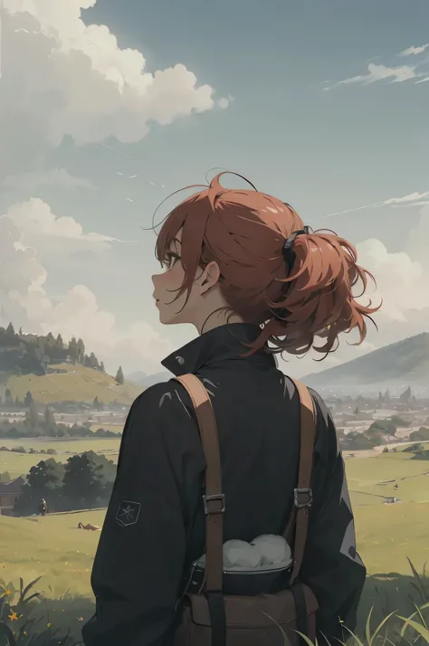 ((highest quality)), ((masterpiece)), (get used to it), Rear view,red hair woman,top of the hill,look up at the sky,fantasy,Woman in the Distance,Two dimensions,anime,Not very realistic,Brilliant,Light of the sun,The whole body is reflected