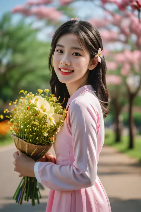 aodai, smile, photographed on a nikon z7 ii mirrorless camera,120mm f/4 wide-angle
a woman in a pink dress  with flowers in it a...