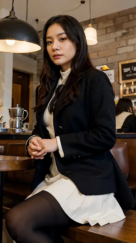 30 years old hong kong woman sitting in cafe, from aside, black straight long hair, hyper realistic, beautiful face, winter black overcoat, white skirt, black long stockings