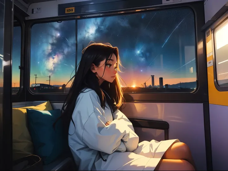 train,  sit by the window,  I&#39;m sleeping with my arms crossed, look at the stars, head stuck in glass, Scenery passing by at high speed, night trip, beautiful starry sky, Beautiful girl, UHD Portraits, (high quality) (ultra detail) Looking at viewers w...