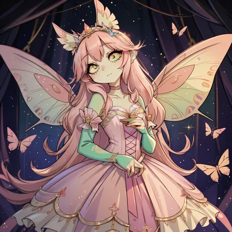 In the enchanting realm of Hazbin Hotel, a feminine butterfly demon emerges, adorned in a captivating color palette of light green, soft peach, gentle pink, dark mauve, and vibrant pink. Her delicate features and iridescent light green skin exude an ethere...