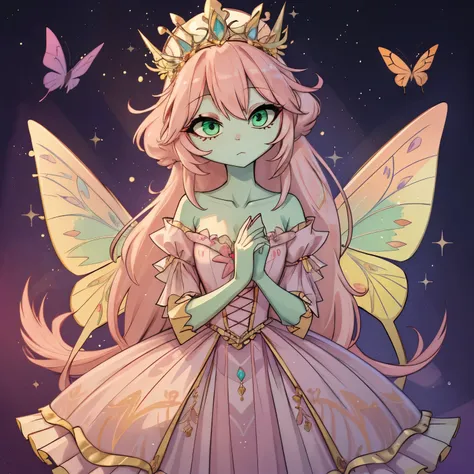 In the enchanting realm of Hazbin Hotel, a feminine butterfly demon emerges, adorned in a captivating color palette of light green, soft peach, gentle pink, dark mauve, and vibrant pink. Her delicate features and iridescent light green skin exude an ethere...