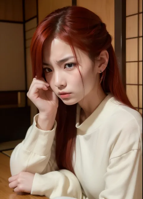 (8K, top-quality, masterpiece: 1.2),
(realistic, Photorealistic: 1.2),
A furious Japanese woman,
18 years old,
With fiery red hair and piercing eyes,
Her clenched fists and tensed muscles,
Exude intense emotion and anger,
Long sleeves revealing veins on he...