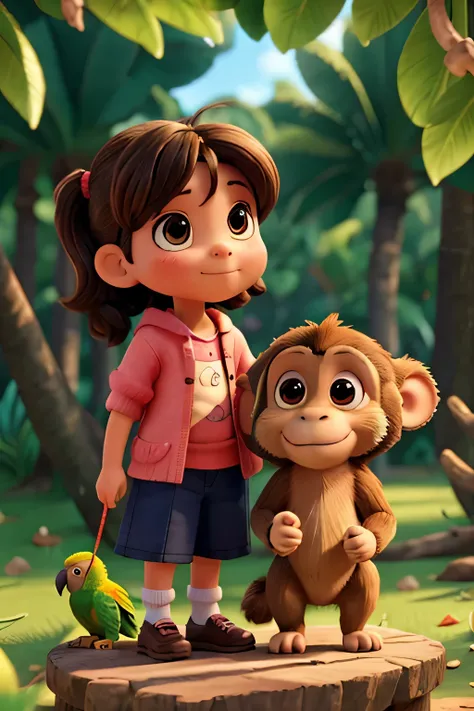 A 8 years old girl playing with his monkey and parrot on an island. The characters should be cute and

background should be attractive and bright.