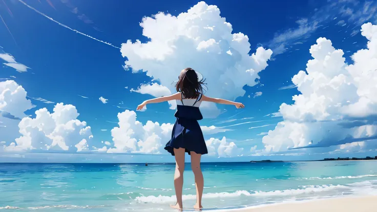 新Ocean誠アニメ, vast landscape photography, Girl standing on the sand beach looking up at the sky, white dress, stretch your back, cloud, Ocean, blue sky, from below,