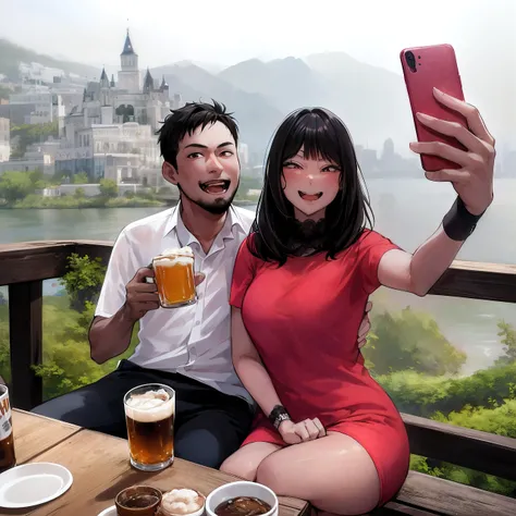 there is a man and woman taking a selfie with a beer, 8k selfie photograph, selfie, couple pose, selfie photography, lovely couple, couple, full body photogenic shot, in love selfie, 🤬 🤮 💕 🎀, in a scenic background, taking a selfie, 165 cm tall, pose 1 of ...