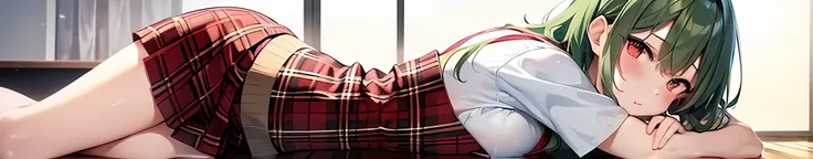 Masterpiece, best quality, 1girl, solo, yuuka kazami, green hair, wavy hair, red eyes, unbuttoned white shirt, large breasts, red plaid vest, red plaid skirt, laying on the ground with her head resting on her hands