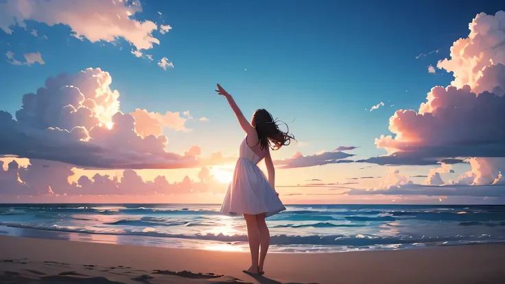 vast landscape photography, Girl standing on the sand beach looking up at the sky, white dress, stretch your back, cloud, Ocean, blue sky, from below,