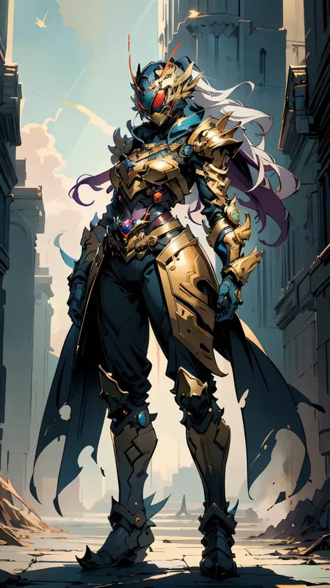 A woman adorned in fantasy-style full-body armor, a crown-concept fully enclosed helmet that unveils only her eyes, a composite layered chest plate, fully encompassing shoulder and hand guards, a lightweight waist armor, form-fitting shin guards, the overa...