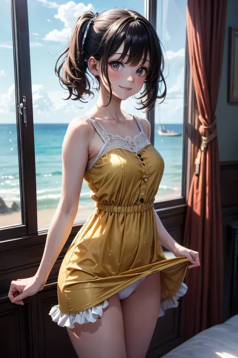 very cute and beautiful girl standing near window,(floral yellow summer dress with detailed frills),sleeveless,detailed lace,(skirt lift,white panties:1.12), (highly detailed beautiful face),antique hotel bedroom with outside view,distant trees and ocean, ...