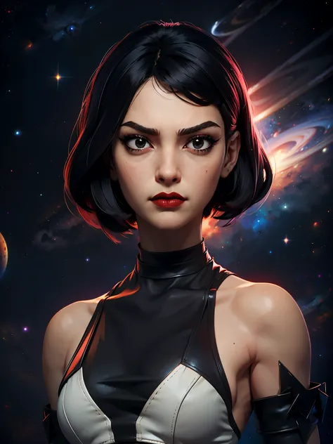 one girl, bust close up, soviet union, black hair, bob cut, black eyes, red background, proud stance, space thriller movie poste...