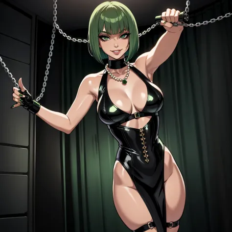 female with green fringe style bob haircut, wearing BDSM dominatrix gear, wearing pearl necklaces, dominant pose, seductive smile, alone, solo, alone, (SOLO)(ALONE)