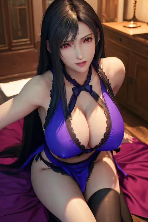 (highest quality:1.4) ,unreal engine,masterpiece, super resolution,(realistic: 1.4), Liar,highest quality, very delicate and beautiful, High resolution,kissing face, 1 girl, Tifa_lock heart, smile, black hair, long hair, purple dress,beautiful detailed red...