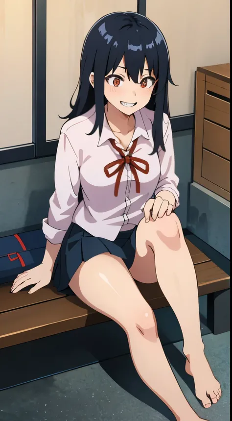 (One girl-) with black hair, Untidy hair,,,,,, dirty hair, red tired eyes, In Japanese school uniform, bare feet. bags under the eyes, Lots of eye shadow,, yandere, Crazy evil smile with teeth, In the background of an ordinary home room