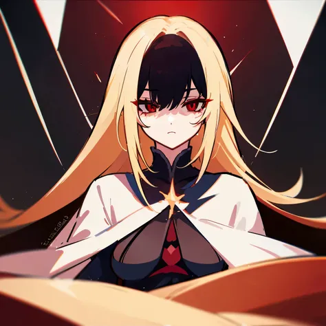 A woman with long blonde hair and red eyes uses the power of darkness.