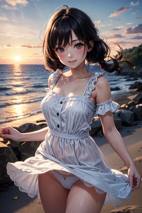 very cute and beautiful girl,frilled white summer dress with detailed lace,(highly detailed beautiful face),
(smile:1.2),blush,black hair,low twintails,looking at viewer,cowboy shot,(skirt lift,white panties:1.12),
beach,distant rugged cliffs,sunset,
(best...