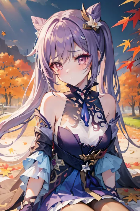 (Masterpiece)1 girl, Keqing, Genshin Impact, Best quality, Expressive eyes, Perfect face ,Blush, crying loadly, wearing opulent splendor, outdoors, day, Simple background, Lay down, Looking , autumn ,Bright sky, view the viewer, Moody lighting,
