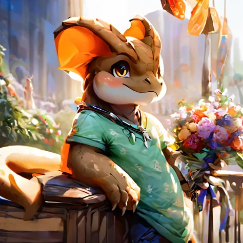 fantastic anthropomorphic frilled lizard。shopping with a bright look on your face