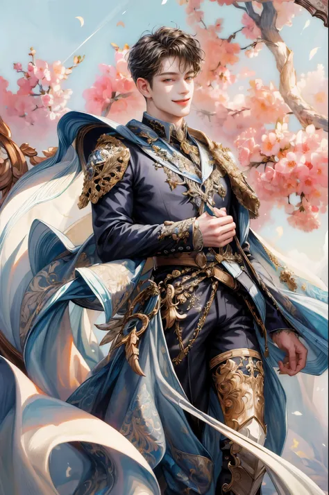 (masterpiece, top quality, high resolution: 1.4), detail, intricate details, smiling handsome boy, gothic outfit, detailed garments, overhead shine, light, flower garden, gentle, misha, glitter, 4k, color splash, line art, art, fibonacci,