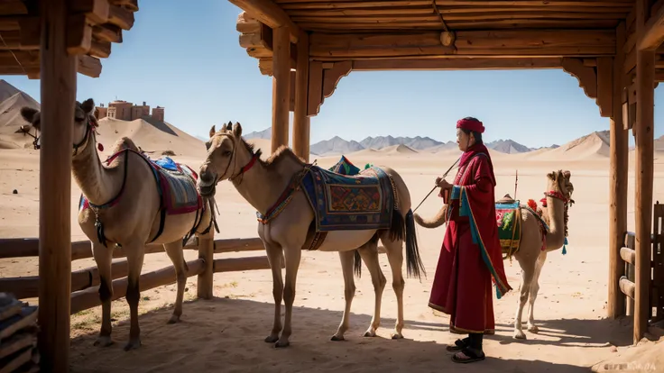 Xinjiang ethnic costumes,nomad，camel and woman，mosque，illustration style