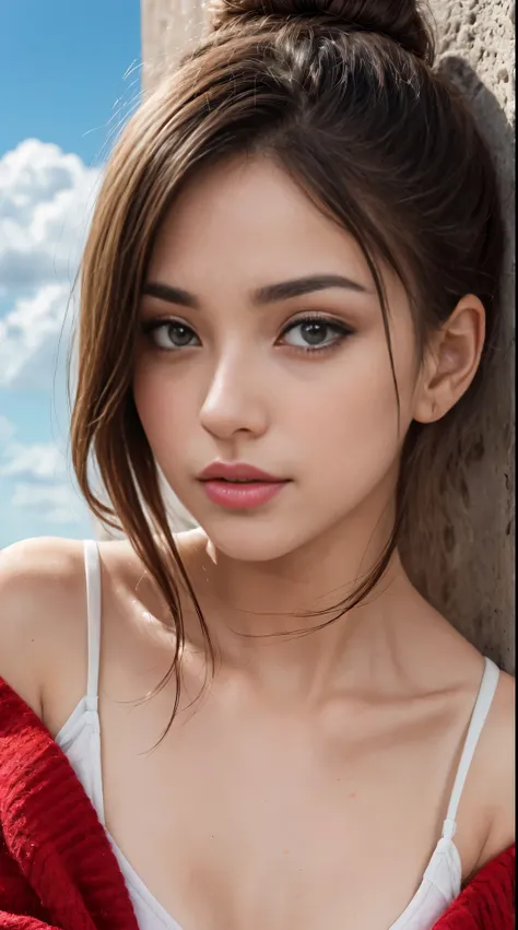 Girls, Bangs, European, Russian race, Bare Shoulders, Girl, 21 years old, Height 160cm, medium breasts, cloudy background, cloudy sky, black hair, hair bun, View Viewer, Parted lips, Red eyes, Simple background, random clothes, Solo, (Shiny skin),(Masterpi...