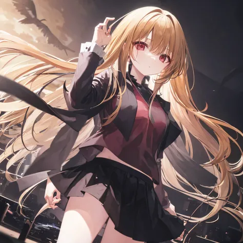 woman with long blonde hair,red eyes,The atmosphere is gloomy.,Wearing a black skirt.,flying,Put your hand forward