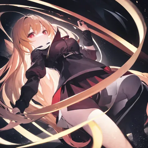 woman with long blonde hair,red eyes,The atmosphere is gloomy.,Wearing a black skirt.,flying,Put your hand forward