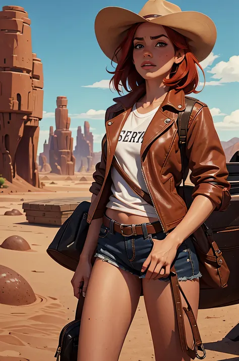 cowboy，a girl，cowboy hat，leather jacket，Red hair，Caucasian，freckle，beautiful，desert，struggle，disney style