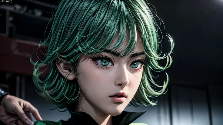 there is a woman as tall as 14 years old asian girl, anime girl in real life, photorealistic anime girl render, ig model | artgerm,Tatsumaki from one punch man, green hime cut hair, with short hair, realistic artstyle, masayoshi suto and artgerm, 8k, High ...