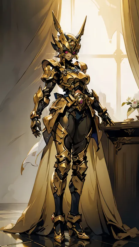 A woman adorned in fantasy-style full-body armor, a crown-concept fully enclosed helmet that unveils only her eyes, a composite layered chest plate, fully encompassing shoulder and hand guards, a lightweight waist armor, form-fitting shin guards, the overa...