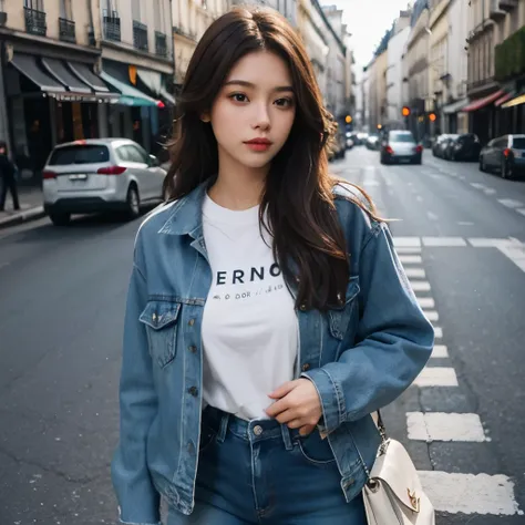 Girl, long blonde brown hair, brown eyes, sharp features, white skin, T-shirt, denim jacket and jeans style, Paris