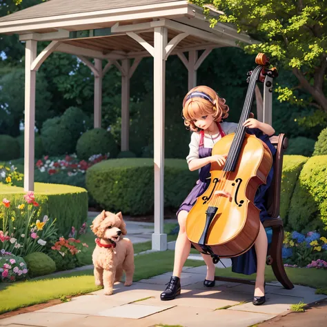 A woman and a toy poodle playing the cello in the garden