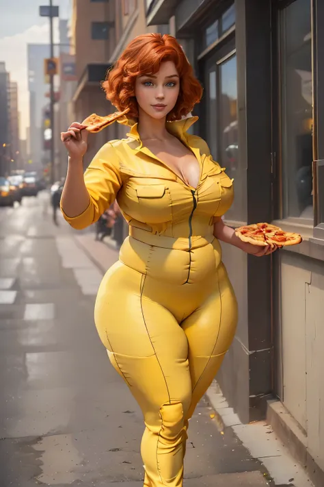 (((masterpiece))), (((photorealistic))), (((8k wallpaper))), (((best quality))), (((perfect quality))), solo, ((detailed eyes)), girl, (((20 years old))), red short hair, April ONeil, (very beautiful), pose: ( standing, ((view from side)), ((eating pizza))...