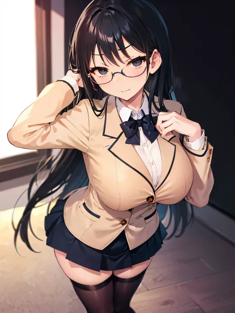 a high school girl is standing in the classroom。high school girl with long black hair、she has big breasts, wears glasses, and ha...