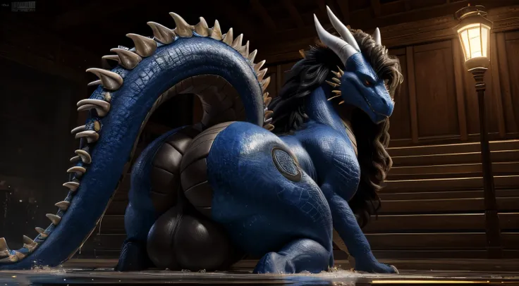 (high quality,4k,8k,highres,masterpiece:1.2),ultra-detailed,(realistic,photorealistic,photo-realistic:1.37),pixiv masterpiece,(intricate details), nsfw, chubby wet ((feral)) Dragon with highly detailed blue scales and (((long Black fluffy hair))), sitting,...