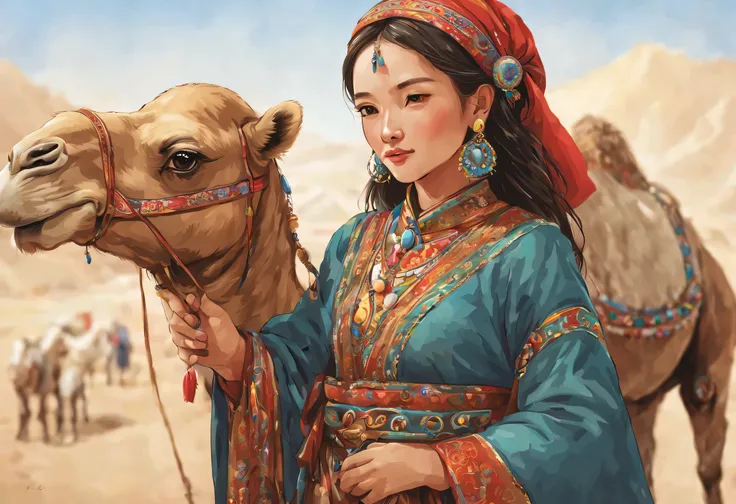 Xinjiang ethnic costumes,nomad，woman holding camel，Exquisite facial features，illustration style，whole body 1.3，Depth of field 2.0