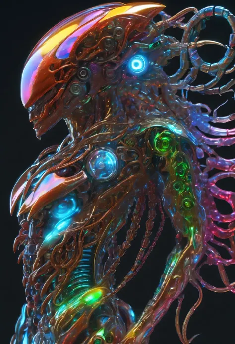 bioMechanical style Ultra detailed illustrations, phantom magical creature, (Translucent skin: 1.5), (translucent body: 1.5) Ms. Schiff&#39;s Art, neon lights, light particles, color, cmyk color, backlight, cyberpunk, close up, Mechanical, (whole body: 1.9...