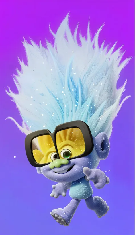 cartoon troll wearing sunglasses and purple background, cartoon character, Trolls, bubbles visual effects, DreamWorks animated Björk, dream style, this character has cryokinesis, Vivid macro view of Pixar, epic 3d omolu, Macro fluffy, Movie Character, pixa...