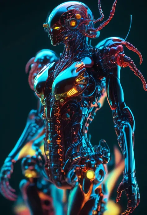 bioMechanical style Ultra detailed illustrations, phantom magical creature, (Translucent skin: 1.5), (translucent body: 1.5) Ms. Schiff&#39;s Art, neon lights, light particles, color, cmyk color, backlight, cyberpunk, close up, Mechanical, (whole body: 1.9...