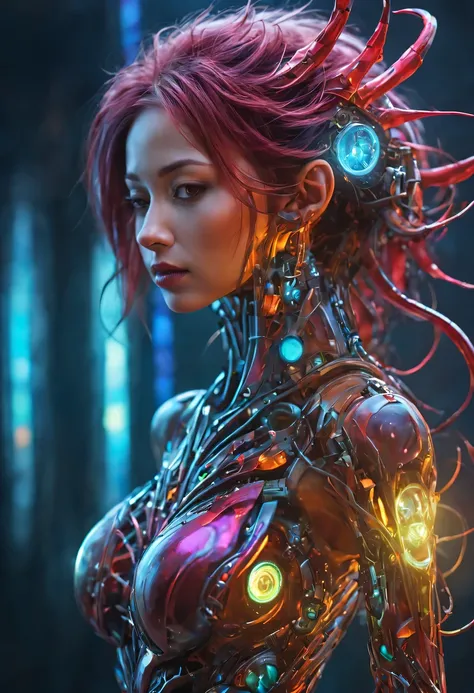 bioMechanical style Ultra detailed illustrations, phantom magical creature, (Translucent skin: 1.5), (translucent body: 1.5) Ms. Schiff&#39;s Art, neon lights, light particles, color, cmyk color, backlight, cyberpunk, close up, Mechanical, (whole body: 1.9...