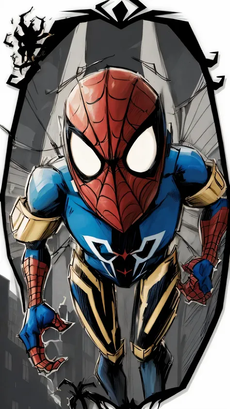 comic style: robot spider-man,hero,red and blue garments,gold spider logo,city background, empty eyes, simple background, center...