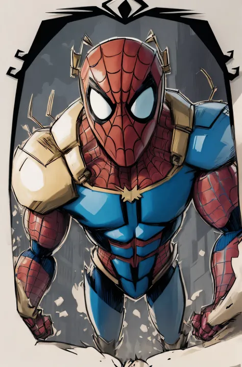 comic style: Robot Spider-Man,hero,red and blue garments,Gold logo,city background, empty eyes, simple background, center.