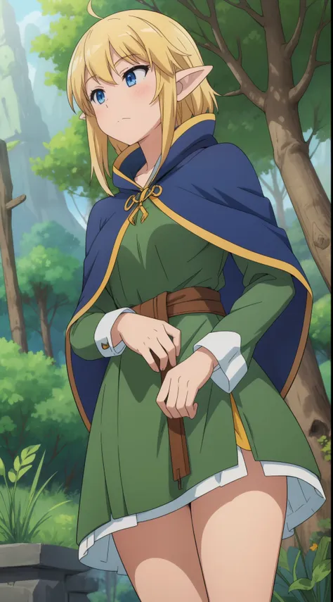 high quality, masterpiece (one elf girl) blonde hair. blue eyes – green hunting cloak. on the outskirts of the forest