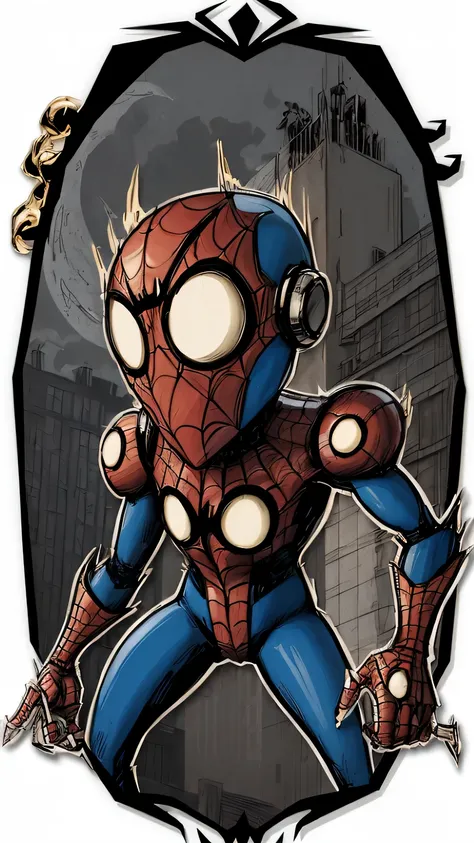 comic style: Robot Spider-Man,hero,red and blue garments,Gold logo,city background, empty eyes, simple background, center.