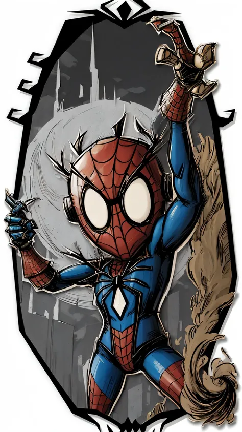 comic style: Robot Spider-Man,hero,red and blue garments,Gold logo,city background, empty eyes, simple background, center.