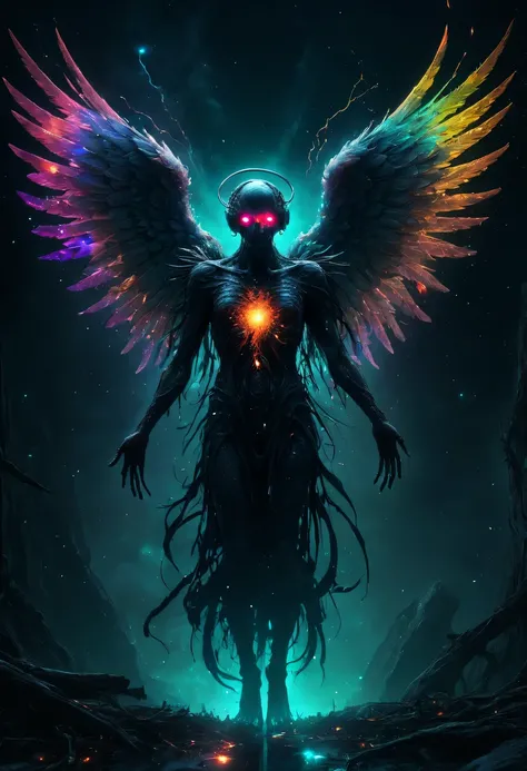 cosmic fallen angel, glowing eyes, biology, Strange, crawl, nightmarish, Very bright colors, light particles, glowing light, Moving speed, wallpaper art, Ultra HD Wallpaper